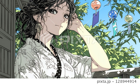 風鈴の音色を聞いている若い女性