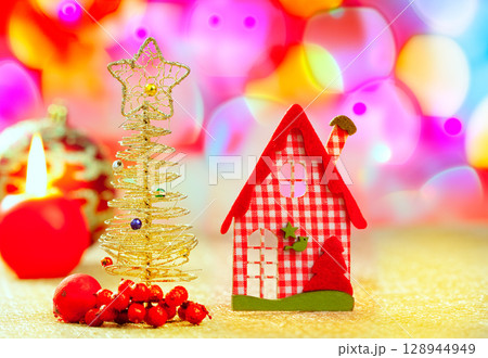 Christmas golden tree and red vichy house 128944949