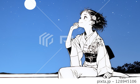 月見をしている和服姿の若い女性（シンプルな色使い）