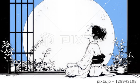 月見をしている和服姿の若い女性（シンプルな色使い）