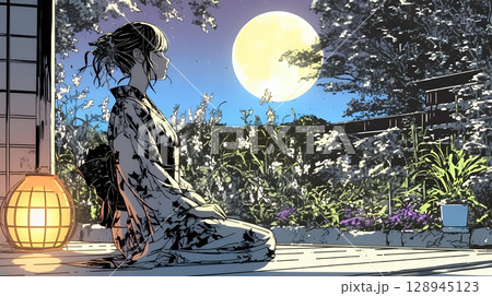 月見をしている和服姿の若い女性