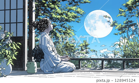 月見をしている和服姿の若い女性