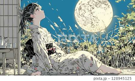 月見をしている和服姿の若い女性
