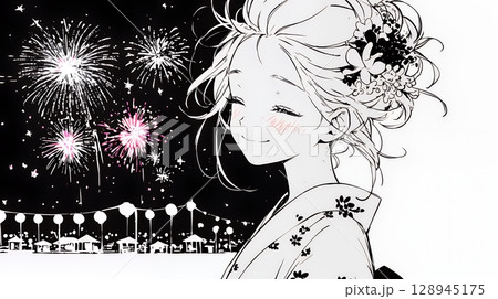 打ち上げ花火を見ている浴衣を着た若い女性（シンプルな色使い）