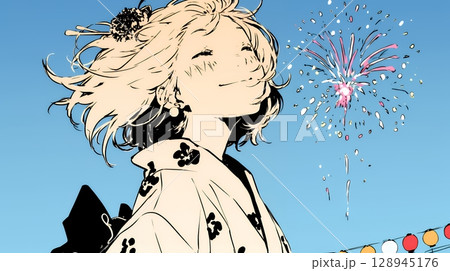打ち上げ花火を見ている浴衣を着た若い女性（シンプルな色使い）