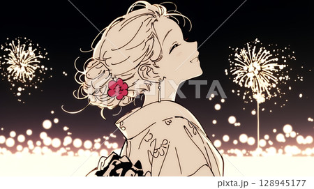 打ち上げ花火を見ている浴衣を着た若い女性（シンプルな色使い）