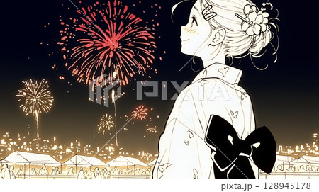 打ち上げ花火を見ている浴衣を着た若い女性（シンプルな色使い）