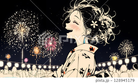 打ち上げ花火を見ている浴衣を着た若い女性（シンプルな色使い）