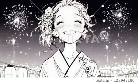 打ち上げ花火を見ている浴衣を着た若い女性（シンプルな色使い）