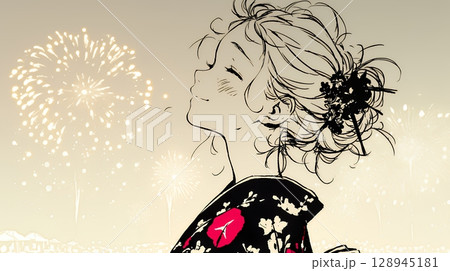 打ち上げ花火を見ている浴衣を着た若い女性（シンプルな色使い）