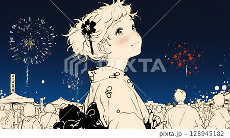 打ち上げ花火を見ている浴衣を着た若い女性（シンプルな色使い）
