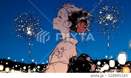 打ち上げ花火を見ている浴衣を着た若い女性（シンプルな色使い）