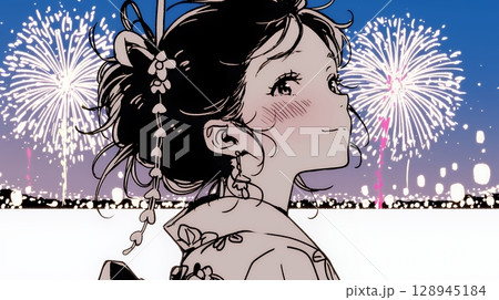 打ち上げ花火を見ている浴衣を着た若い女性（シンプルな色使い）