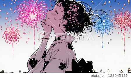 打ち上げ花火を見ている浴衣を着た若い女性（シンプルな色使い）