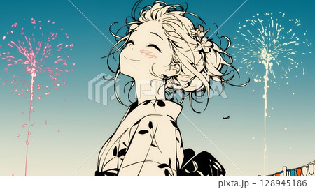 打ち上げ花火を見ている浴衣を着た若い女性（シンプルな色使い）