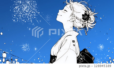 打ち上げ花火を見ている浴衣を着た若い女性（シンプルな色使い）