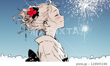 打ち上げ花火を見ている浴衣を着た若い女性（シンプルな色使い）