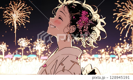 打ち上げ花火を見ている浴衣を着た若い女性（シンプルな色使い）