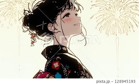 打ち上げ花火を見ている浴衣を着た若い女性（シンプルな色使い）