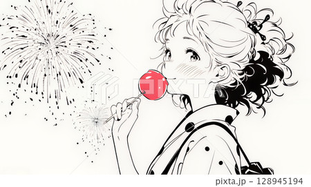 打ち上げ花火を見ている浴衣を着た若い女性（シンプルな色使い）