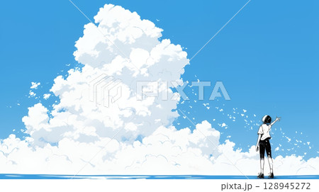 夏の海と入道雲と若い女性（シンプルな色使い）