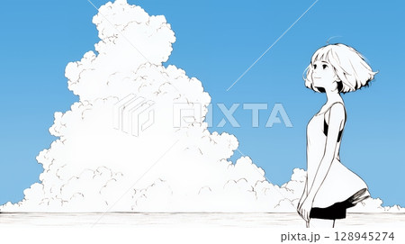 夏の海と入道雲と若い女性（シンプルな色使い）