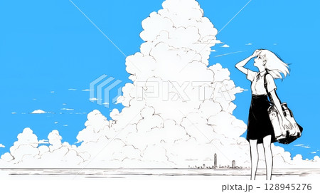 夏の海と入道雲と若い女性（シンプルな色使い）