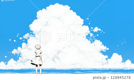 夏の海と入道雲と若い女性（シンプルな色使い）