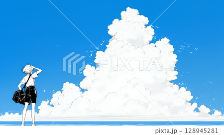 夏の海と入道雲と若い女性（シンプルな色使い）