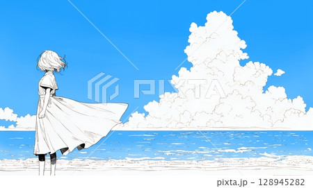 夏の海と入道雲と若い女性（シンプルな色使い）
