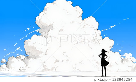 夏の海と入道雲と若い女性（シンプルな色使い）