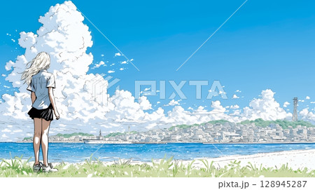 夏の海と入道雲と若い女性