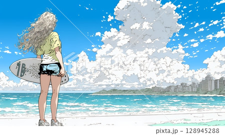 夏の海と入道雲と若い女性