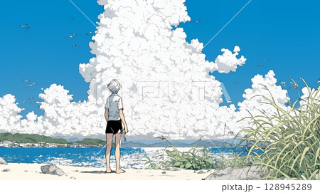夏の海と入道雲と若い女性