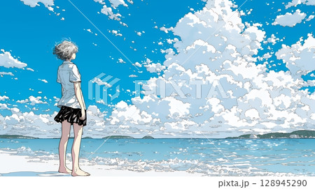 夏の海と入道雲と若い女性