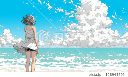 夏の海と入道雲と若い女性