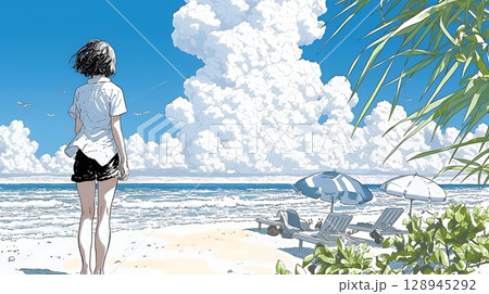 夏の海と入道雲と若い女性