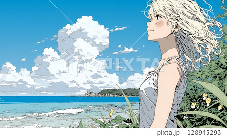 夏の海と入道雲と若い女性