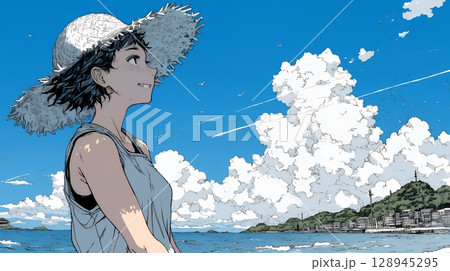 夏の海と入道雲と若い女性