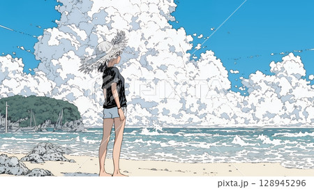 夏の海と入道雲と若い女性