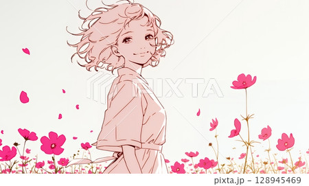 コスモス畑にいる若い女性（シンプルな色使い）