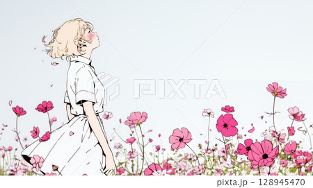 コスモス畑にいる若い女性（シンプルな色使い）