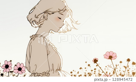 コスモス畑にいる若い女性（シンプルな色使い）