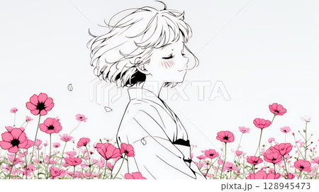 コスモス畑にいる若い女性（シンプルな色使い）