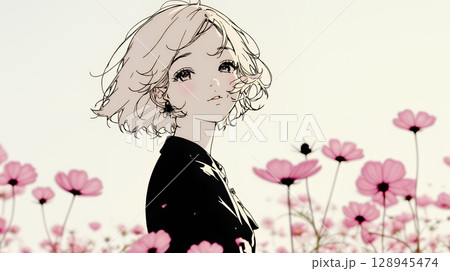 コスモス畑にいる若い女性（シンプルな色使い）