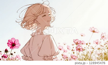 コスモス畑にいる若い女性（シンプルな色使い）