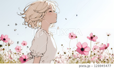 コスモス畑にいる若い女性（シンプルな色使い）