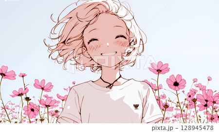 コスモス畑にいる若い女性（シンプルな色使い）