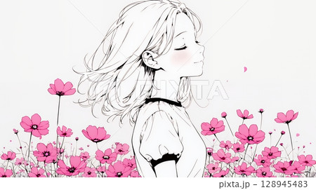 コスモス畑にいる若い女性（シンプルな色使い）