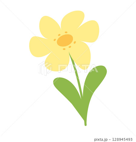 Hand Drawn Sunshine Flower on Stem with leaves Springtime or Summer Thematic Design Element idea 128945493